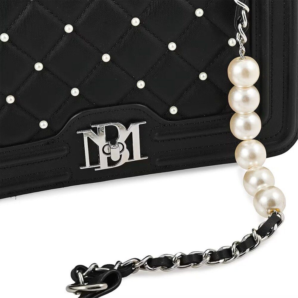 NEW Badgley Mischka Black Quilted Vegan Leather Pearl Crossbody Bag - Picture 5 of 8